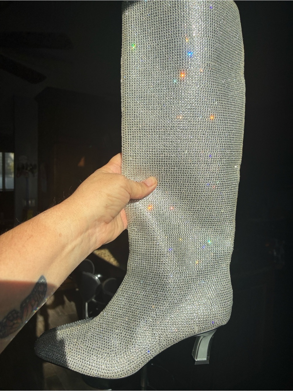 Silver Sparkle Knee-High Boots slim legged  - Women's Shimmer Heeled Boots